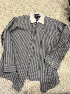Striped Blue Dress Shirt with White Contrast Collar